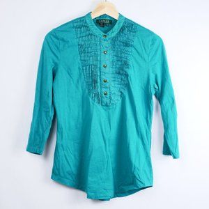 Lauren Ralph Lauren Pintuck Blouse Top Pleated Tuxedo Bib, Green, Women S